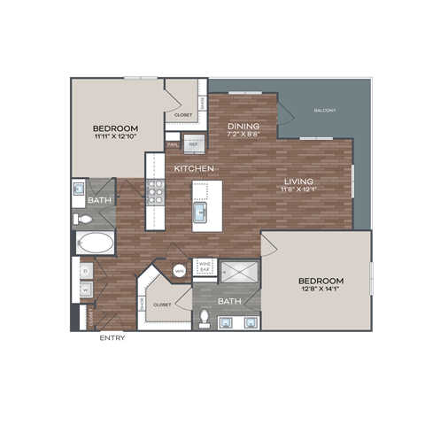 A floor plan of a house with two bedrooms, a living room, a kitchen, a bathroom, a dining room, and a balcony.